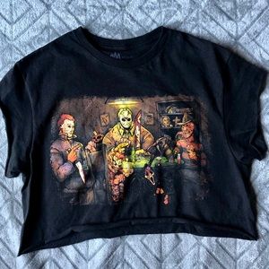 Horror characters playing poker cropped tee